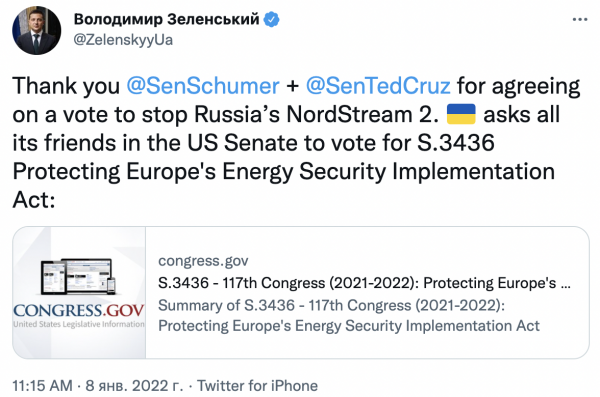Зеленский призвал Сенат США поддержать закон о санкциях в отношении СП-2, против которого выступил Госдеп
Зеленский призвал Сенат США поддержать закон о санкциях в отношении СП-2, против которого выступил Госдеп