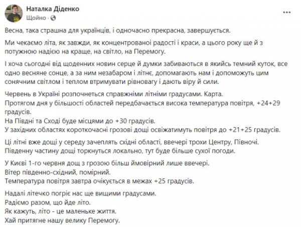 Лето принесет жаркую погоду почти во все области Украины: прогноз синоптика Натальи Диденко на 1 июня