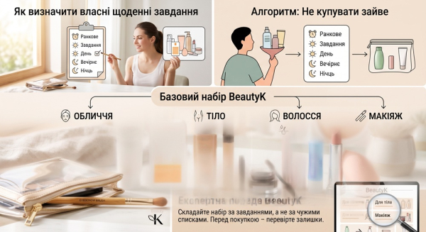 Базовий набір косметики на щодень: як розподілити засоби за завданнями Базовий набір косметики на щодень: як розподілити засоби за завданнями